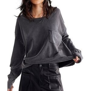 Free People Washed Grey Cotton Scoop Neck Long Sleeve Slouchy Fade Into You Tee